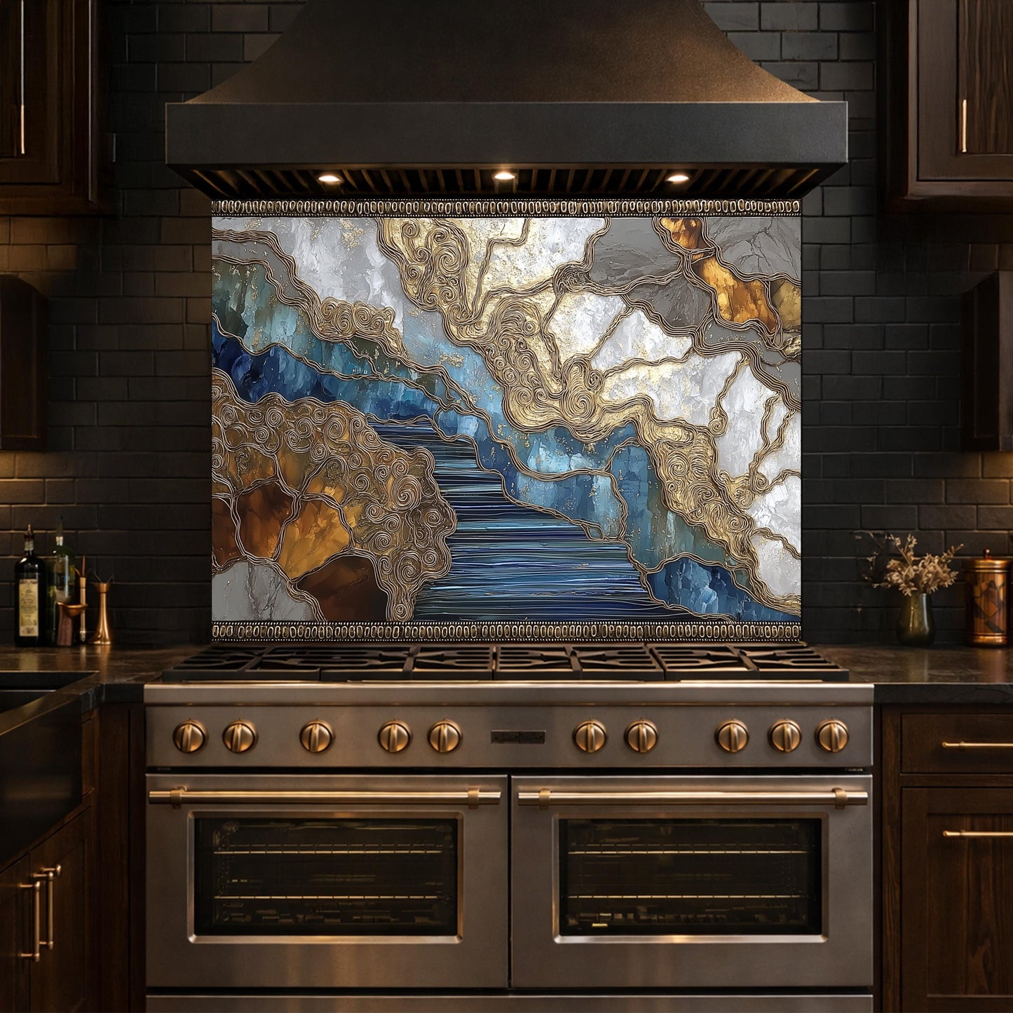 Abstract Marble River Glass Backsplash Blue Gold Kitchen Wall Decor Panel