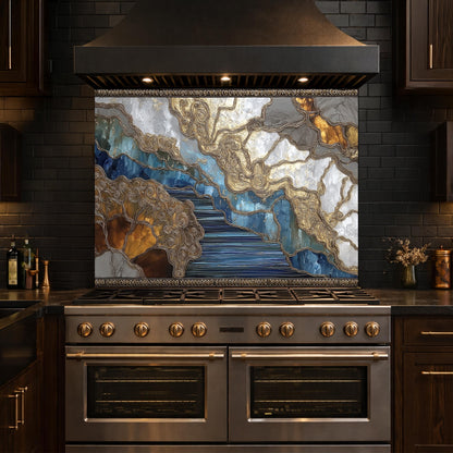 Abstract Marble River Glass Backsplash Blue Gold Kitchen Wall Decor Panel