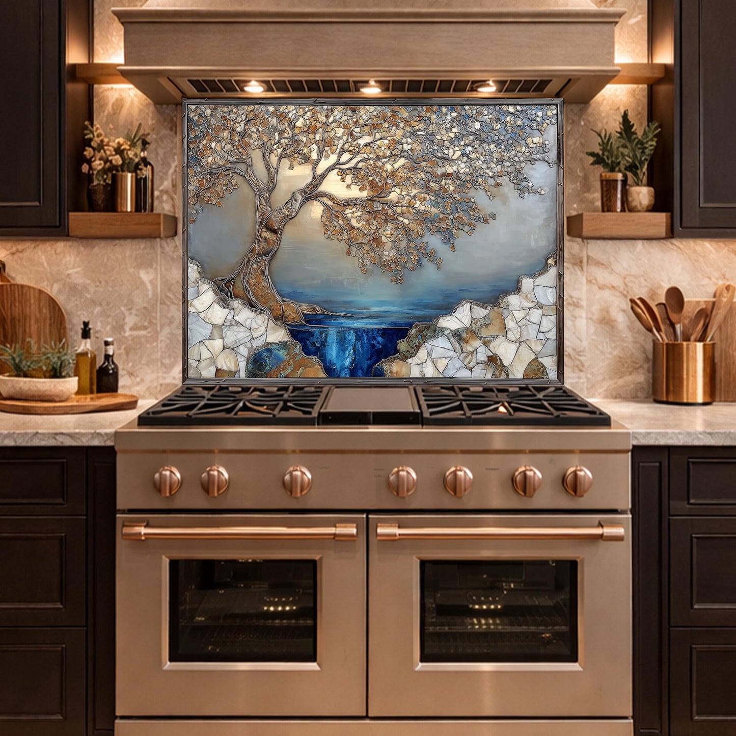 Tree Landscape Glass Backsplash Blue Lake Gold Leaves Kitchen Wall Panel