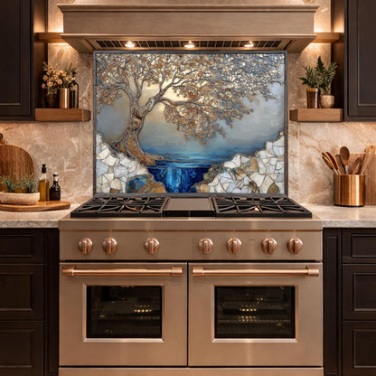 Tree Landscape Glass Backsplash Blue Lake Gold Leaves Kitchen Wall Panel