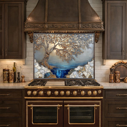 Tree Landscape Glass Backsplash Blue Lake Gold Leaves Kitchen Wall Panel