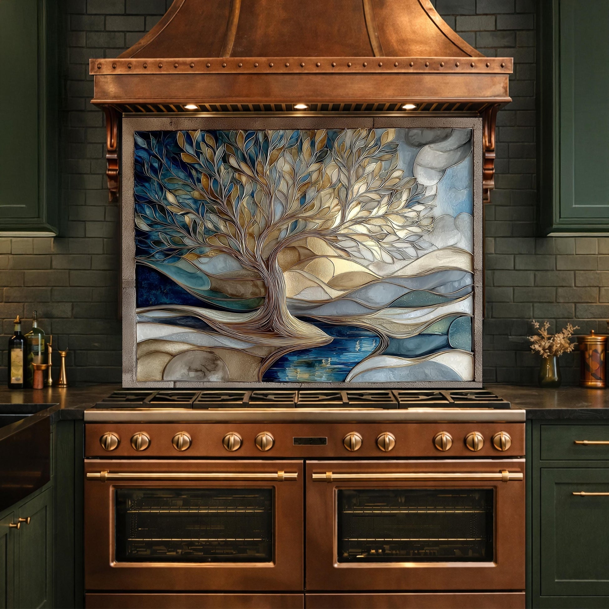Tree of Life Glass Backsplash Blue Gold Landscape Kitchen Wall Decor Panel