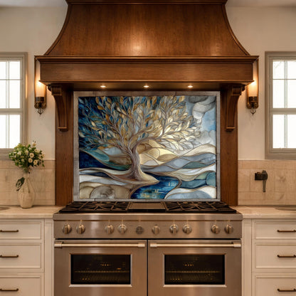 Tree of Life Glass Backsplash Blue Gold Landscape Kitchen Wall Decor Panel