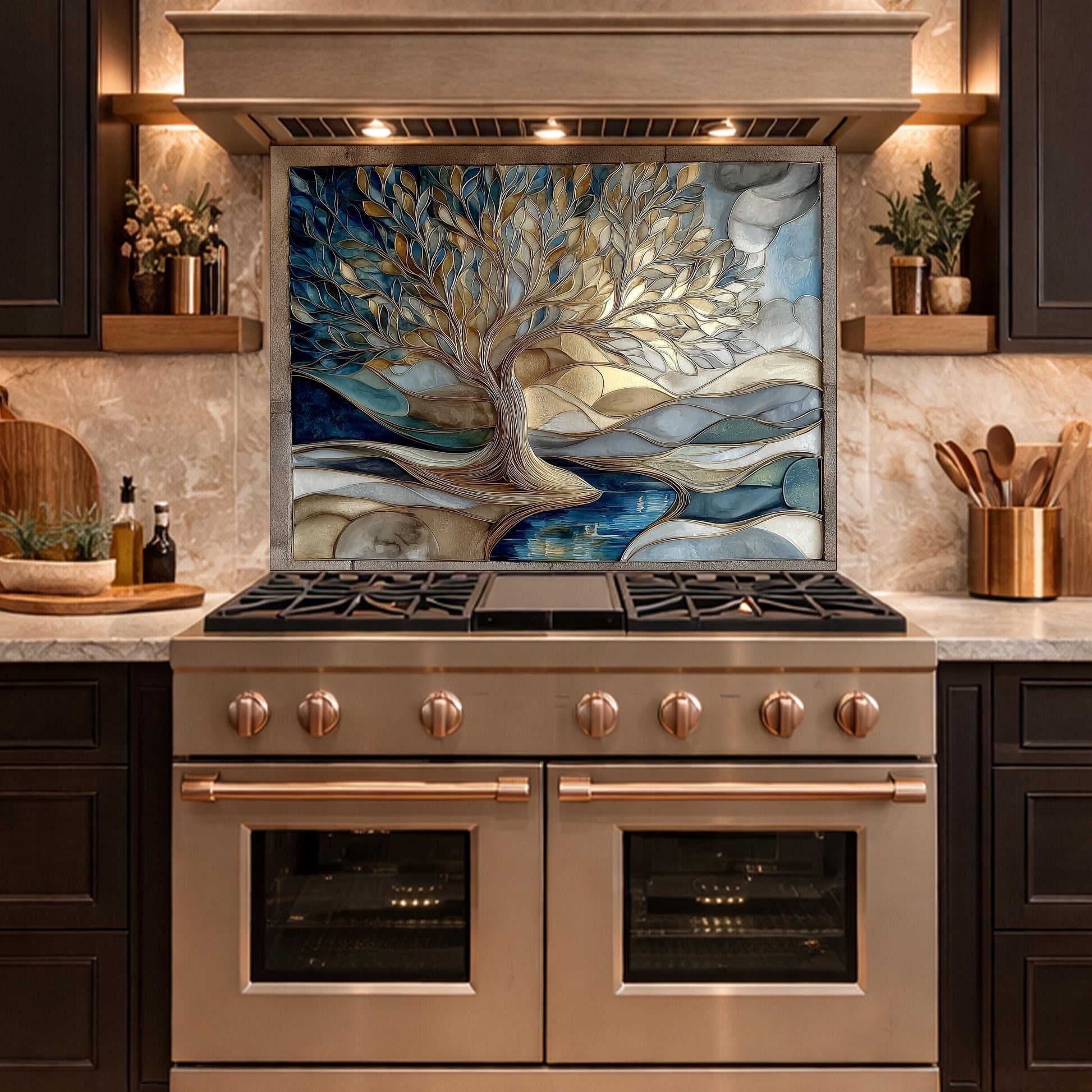 Tree of Life Glass Backsplash Blue Gold Landscape Kitchen Wall Decor Panel