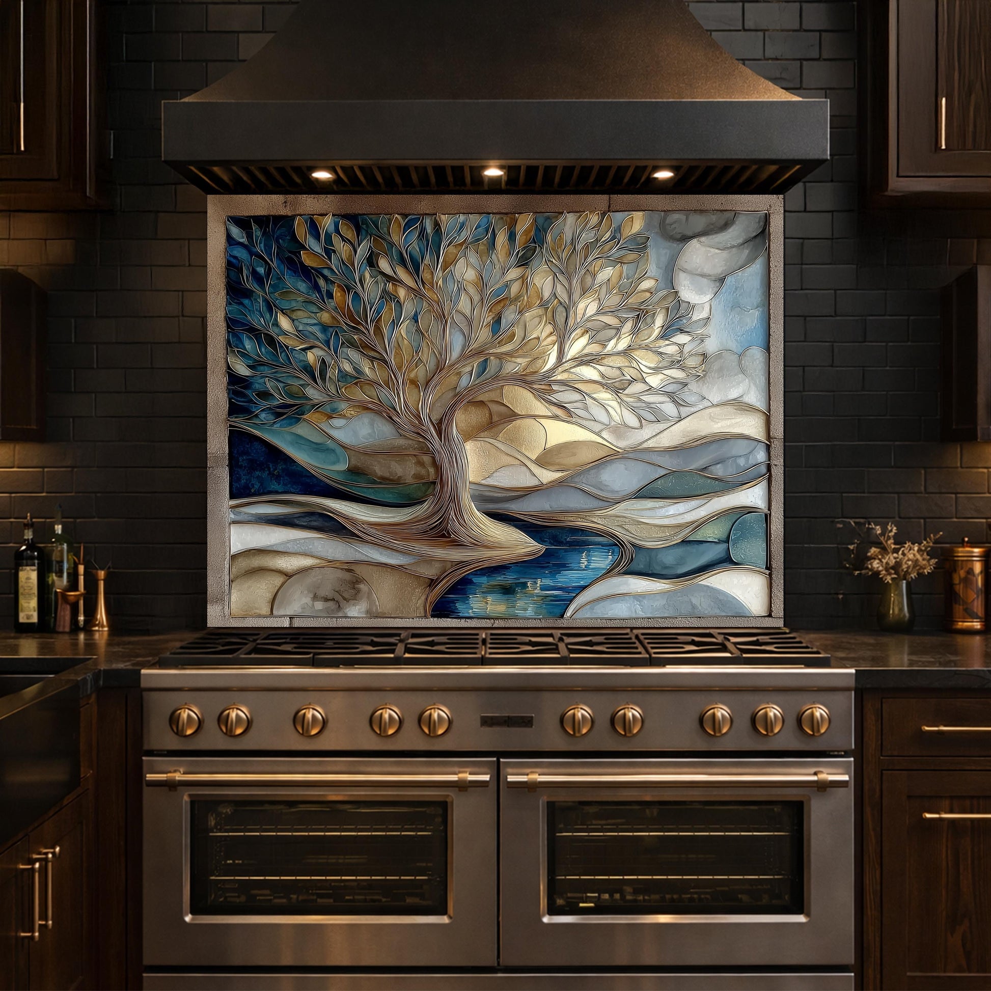 Tree of Life Glass Backsplash Blue Gold Landscape Kitchen Wall Decor Panel