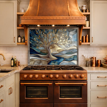 Tree of Life Glass Backsplash Blue Gold Landscape Kitchen Wall Decor Panel