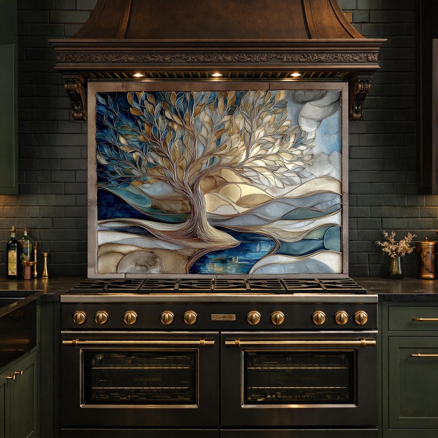 Tree of Life Glass Backsplash Blue Gold Landscape Kitchen Wall Decor Panel