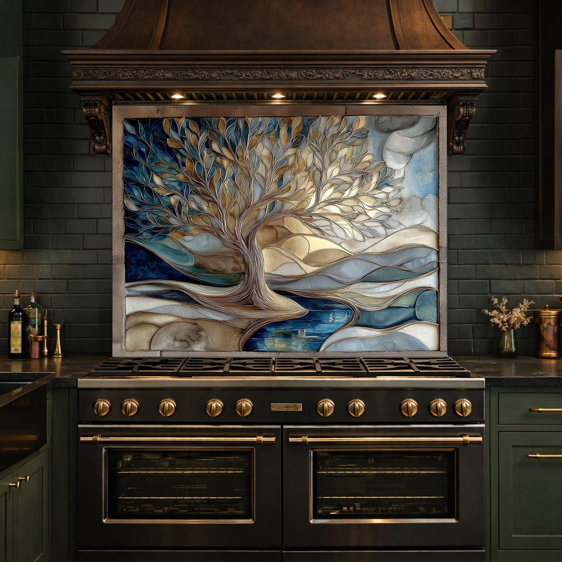 Tree of Life Glass Backsplash Blue Gold Landscape Kitchen Wall Decor Panel