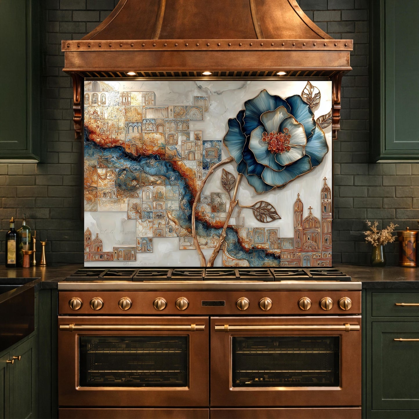Blue Flower Glass Backsplash Abstract City River Kitchen Wall Decor Panel