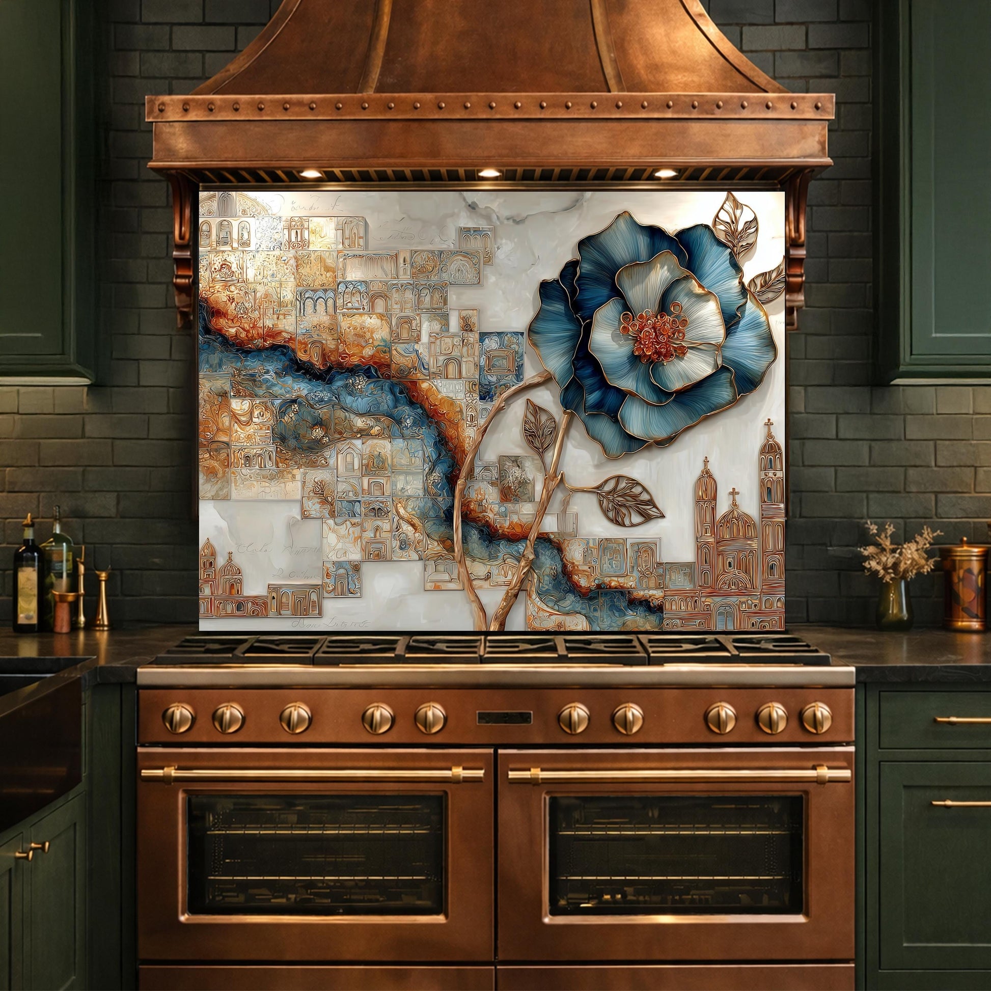 Blue Flower Glass Backsplash Abstract City River Kitchen Wall Decor Panel