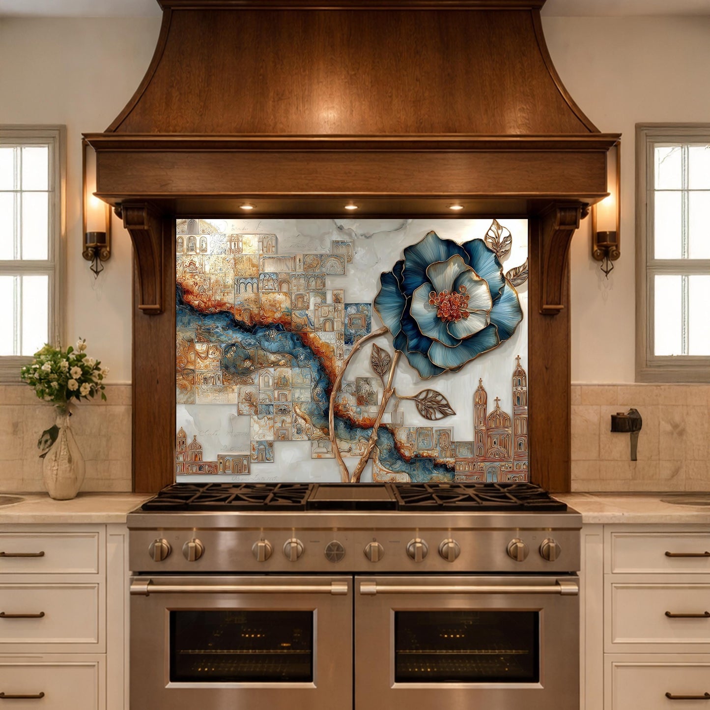 Blue Flower Glass Backsplash Abstract City River Kitchen Wall Decor Panel