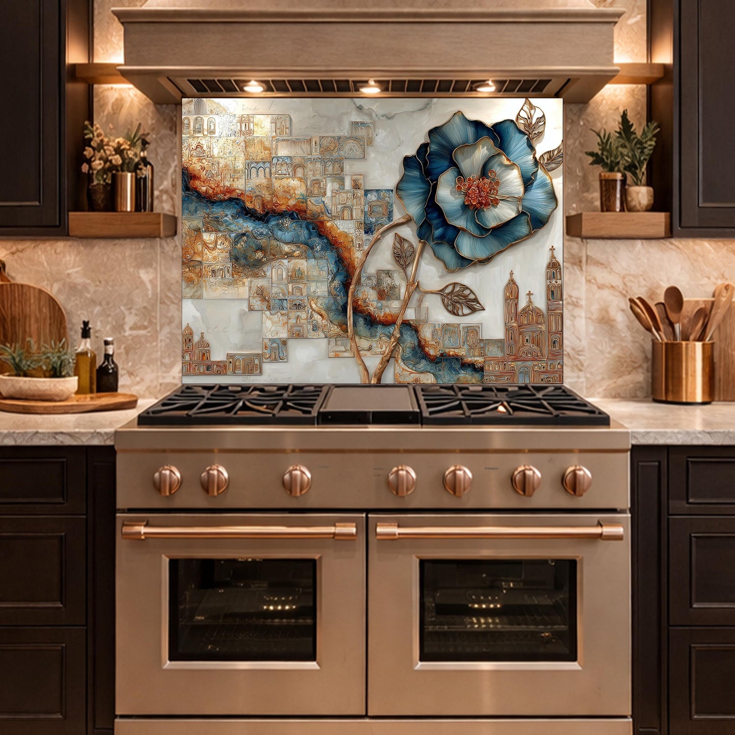 Blue Flower Glass Backsplash Abstract City River Kitchen Wall Decor Panel