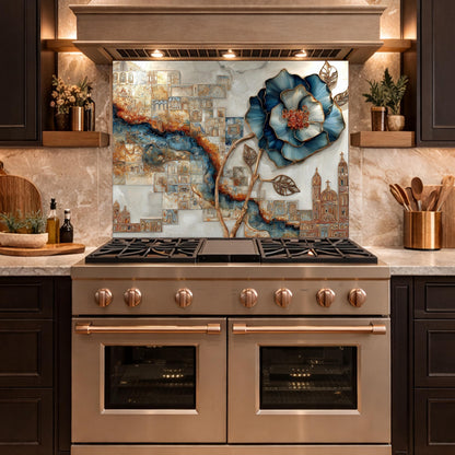 Blue Flower Glass Backsplash Abstract City River Kitchen Wall Decor Panel