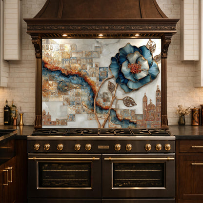 Blue Flower Glass Backsplash Abstract City River Kitchen Wall Decor Panel