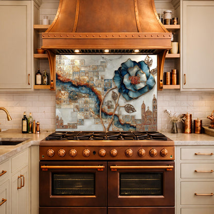 Blue Flower Glass Backsplash Abstract City River Kitchen Wall Decor Panel