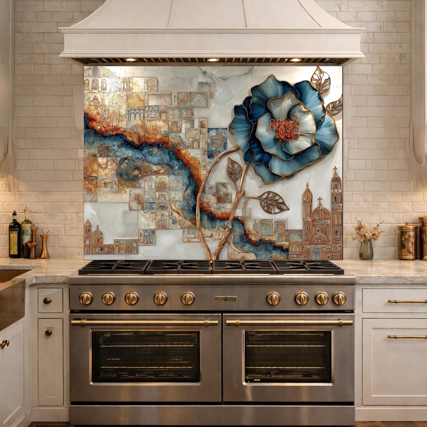 Blue Flower Glass Backsplash Abstract City River Kitchen Wall Decor Panel
