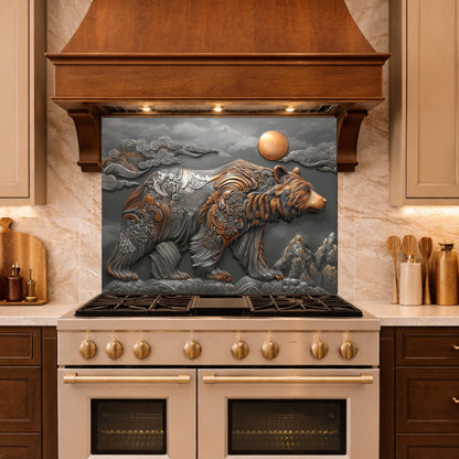 Bear Mountain Tempered Glass Kitchen Backsplash, Rustic Wildlife Stove Guard Wall Art