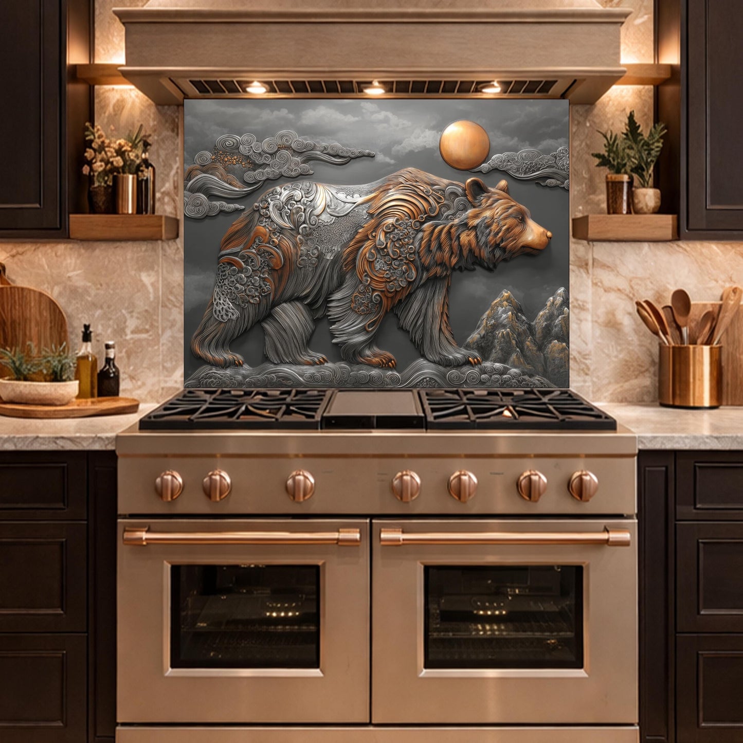 Bear Mountain Tempered Glass Kitchen Backsplash, Rustic Wildlife Stove Guard Wall Art
