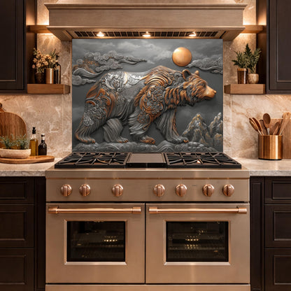 Bear Mountain Tempered Glass Kitchen Backsplash, Rustic Wildlife Stove Guard Wall Art