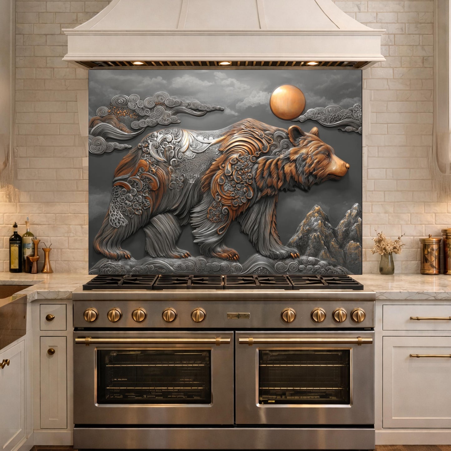 Bear Mountain Tempered Glass Kitchen Backsplash, Rustic Wildlife Stove Guard Wall Art