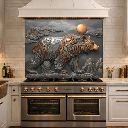 Bear Mountain Tempered Glass Kitchen Backsplash, Rustic Wildlife Stove Guard Wall Art