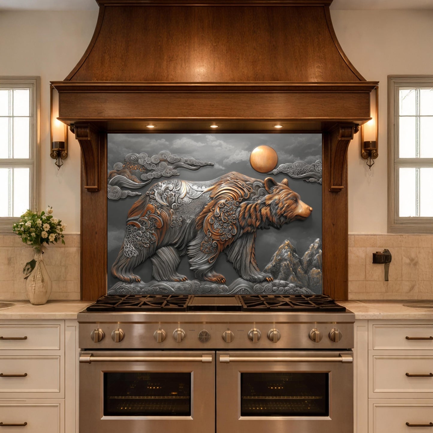 Bear Mountain Tempered Glass Kitchen Backsplash, Rustic Wildlife Stove Guard Wall Art