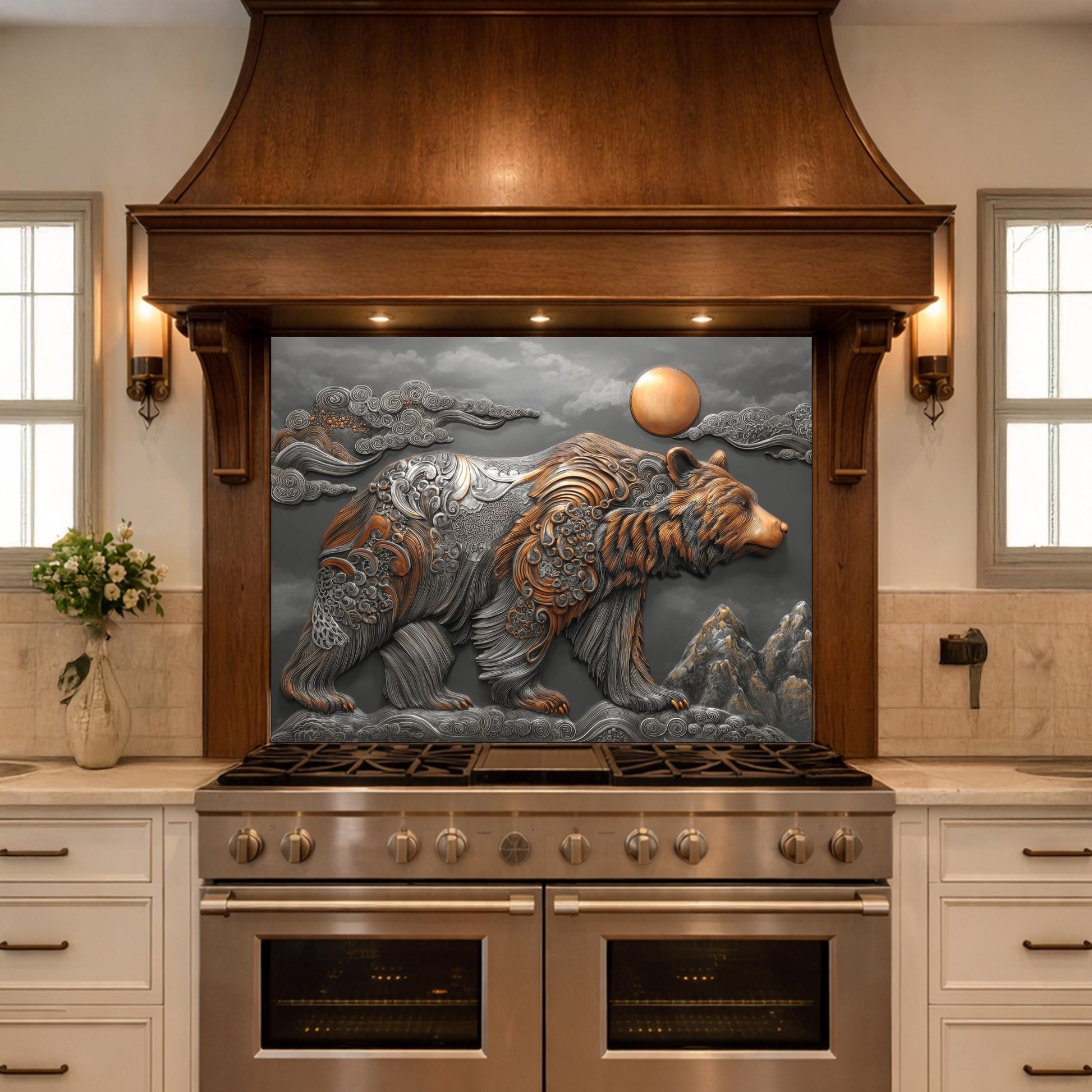 Bear Mountain Tempered Glass Kitchen Backsplash, Rustic Wildlife Stove Guard Wall Art