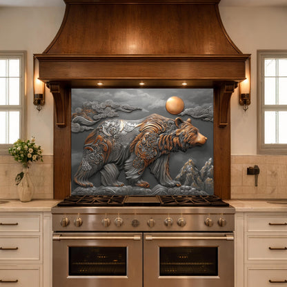 Bear Mountain Tempered Glass Kitchen Backsplash, Rustic Wildlife Stove Guard Wall Art