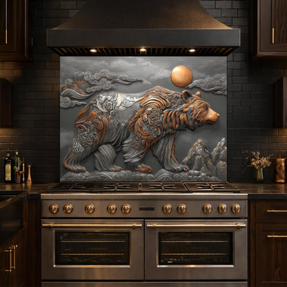 Bear Mountain Tempered Glass Kitchen Backsplash, Rustic Wildlife Stove Guard Wall Art