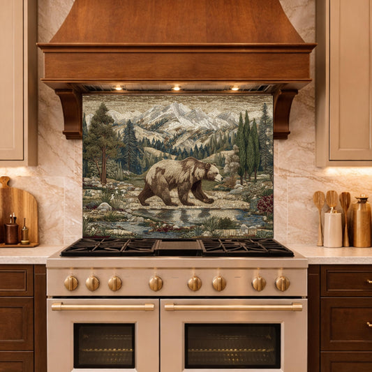 Tempered Glass Mountain Bear Kitchen Backsplash, Rustic Wildlife Stove Guard Wall Art