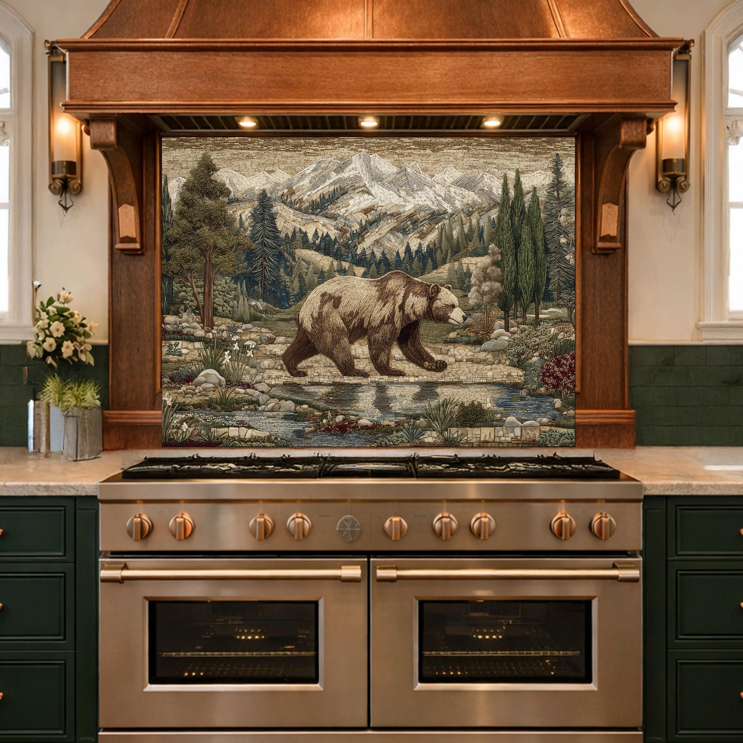 Tempered Glass Mountain Bear Kitchen Backsplash, Rustic Wildlife Stove Guard Wall Art