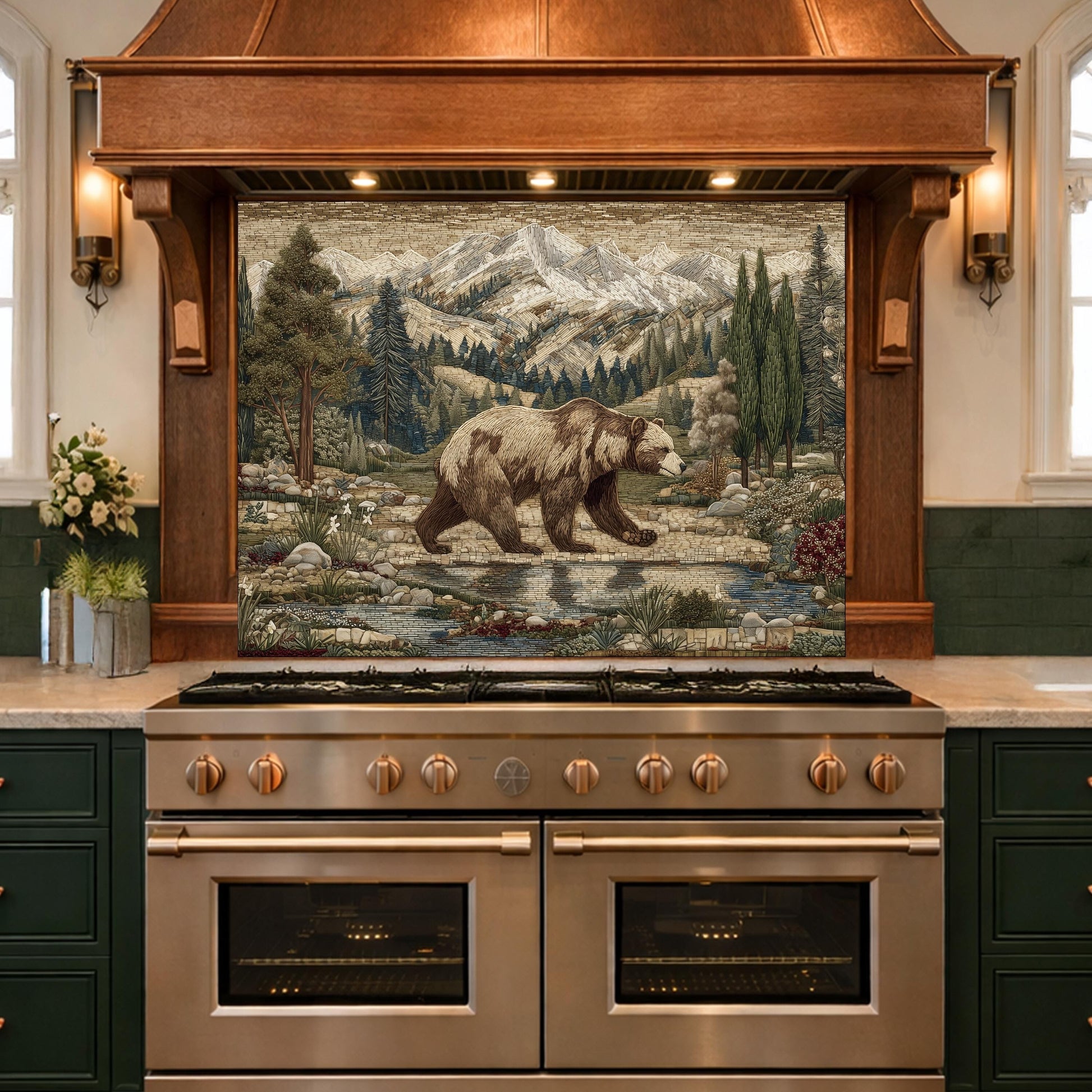 Tempered Glass Mountain Bear Kitchen Backsplash, Rustic Wildlife Stove Guard Wall Art