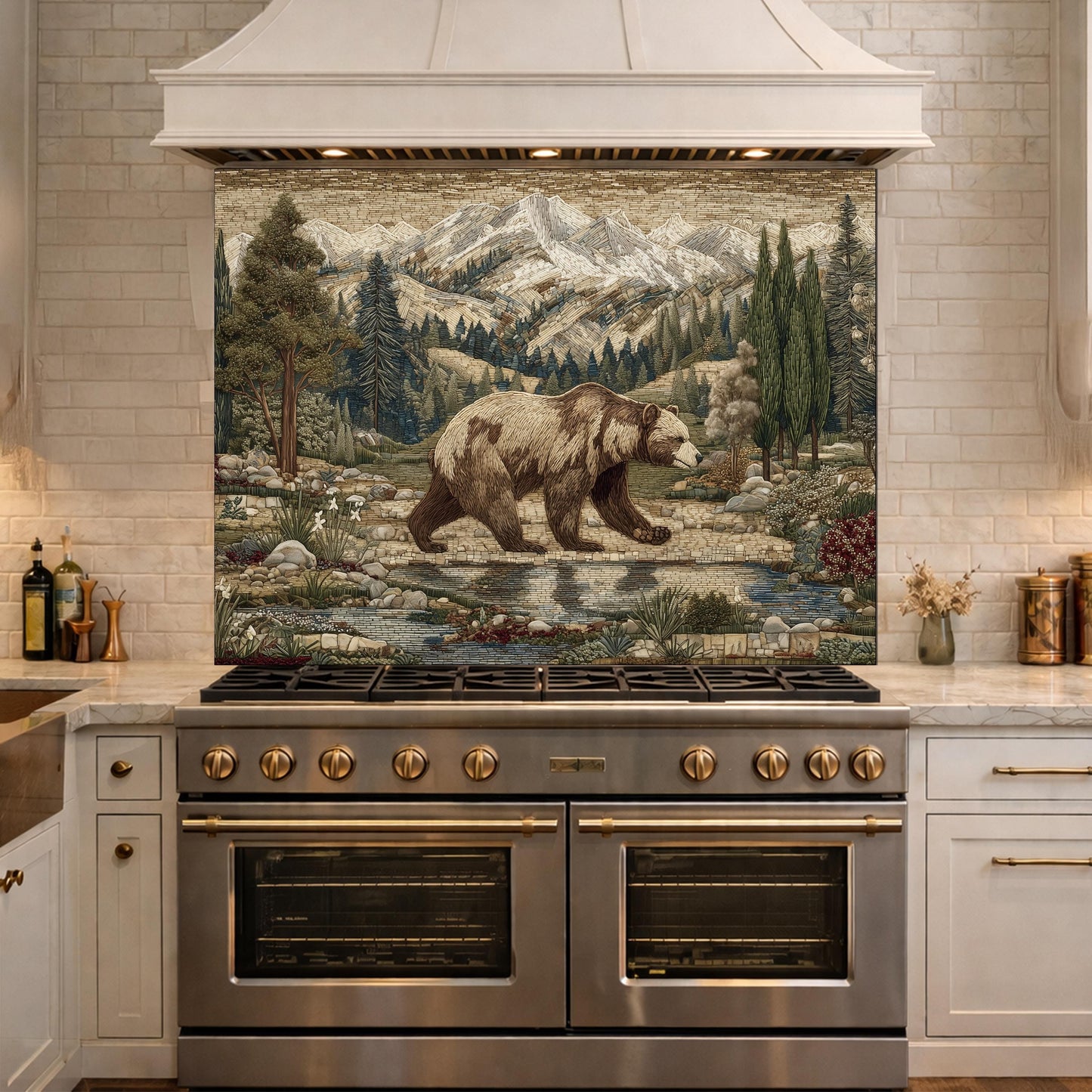 Tempered Glass Mountain Bear Kitchen Backsplash, Rustic Wildlife Stove Guard Wall Art
