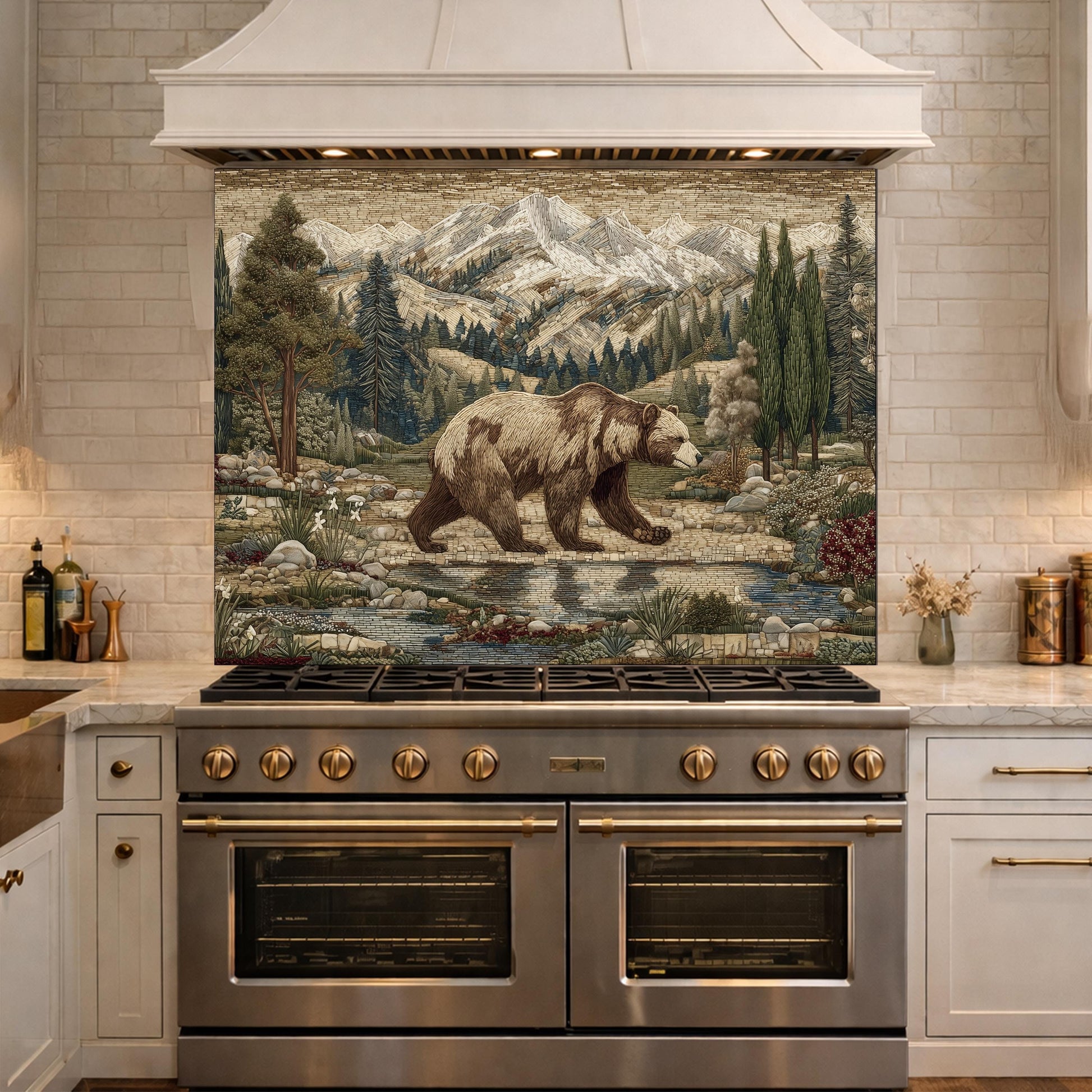 Tempered Glass Mountain Bear Kitchen Backsplash, Rustic Wildlife Stove Guard Wall Art