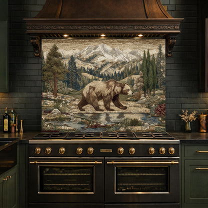 Tempered Glass Mountain Bear Kitchen Backsplash, Rustic Wildlife Stove Guard Wall Art
