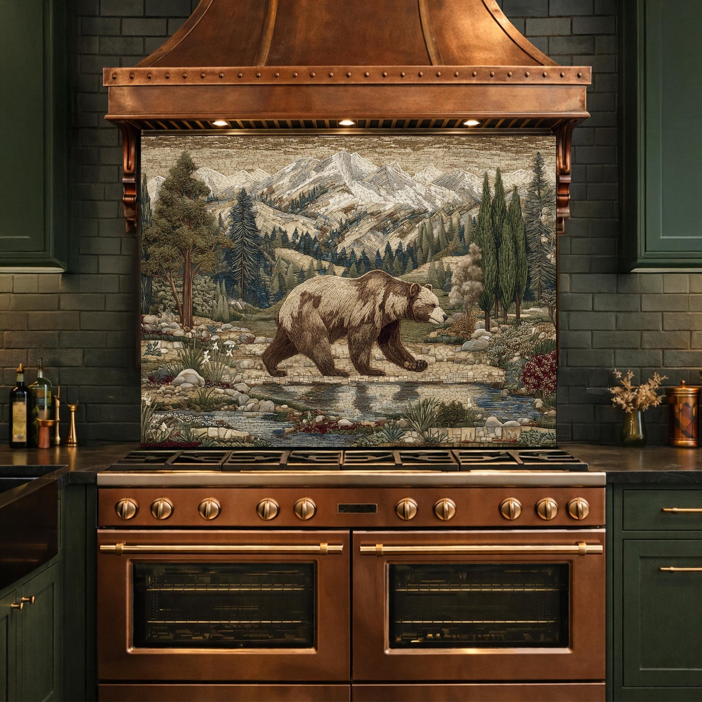 Tempered Glass Mountain Bear Kitchen Backsplash, Rustic Wildlife Stove Guard Wall Art