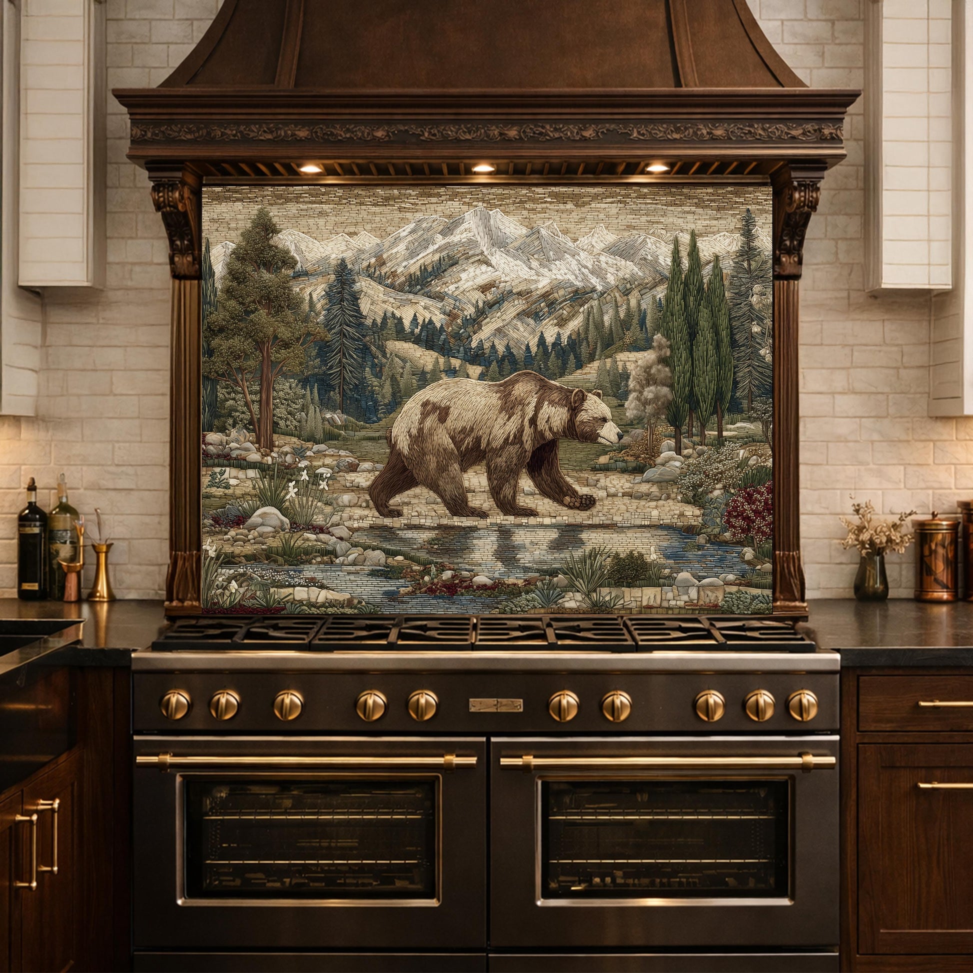 Tempered Glass Mountain Bear Kitchen Backsplash, Rustic Wildlife Stove Guard Wall Art