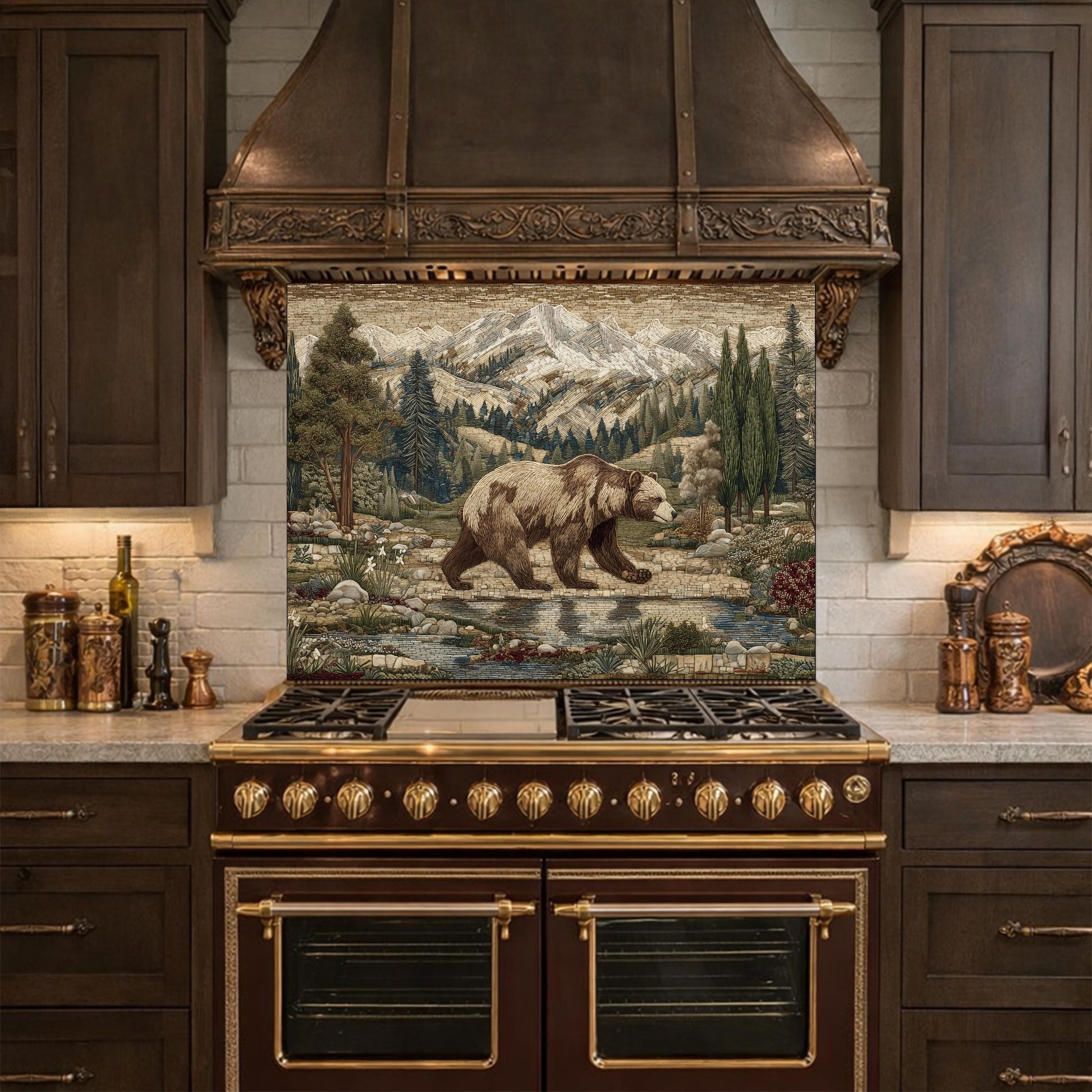 Tempered Glass Mountain Bear Kitchen Backsplash, Rustic Wildlife Stove Guard Wall Art
