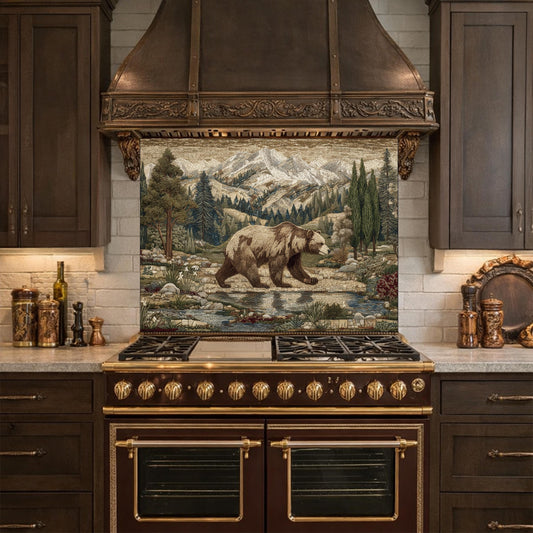 Tempered Glass Mountain Bear Kitchen Backsplash, Rustic Wildlife Stove Guard Wall Art