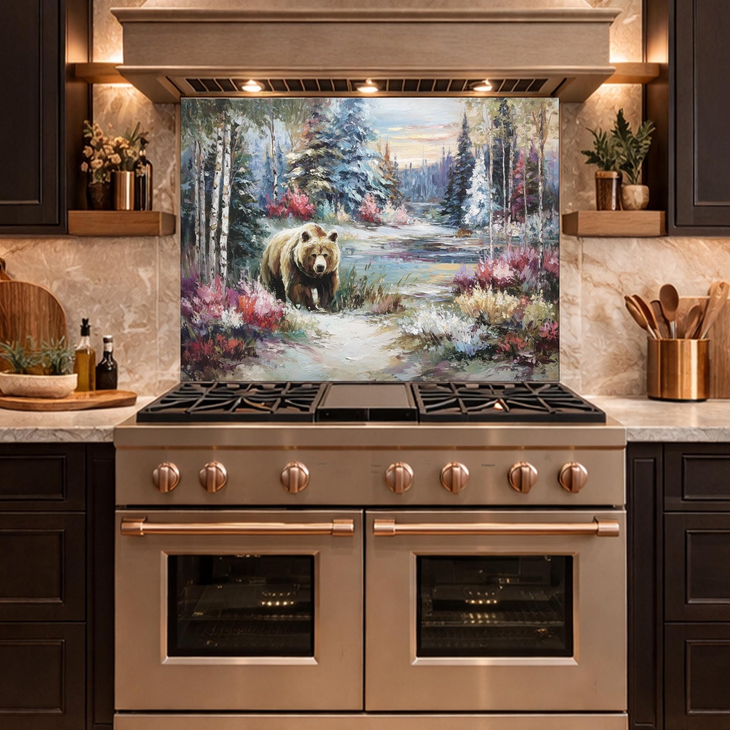 Tempered Glass Kitchen Backsplash, Forest Bear Wildlife Stove Guard, Rustic Wall Art Decor
