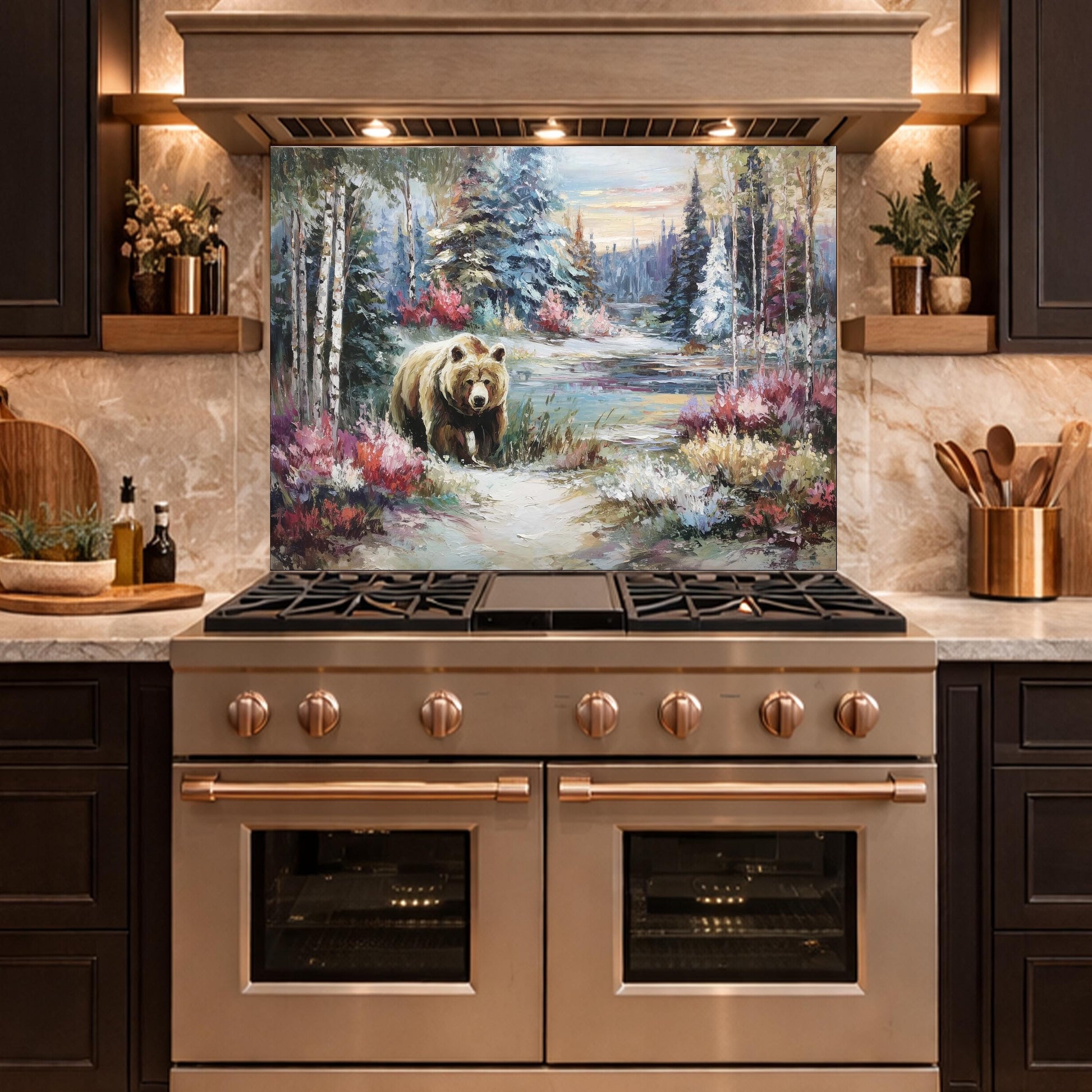 Tempered Glass Kitchen Backsplash, Forest Bear Wildlife Stove Guard, Rustic Wall Art Decor
