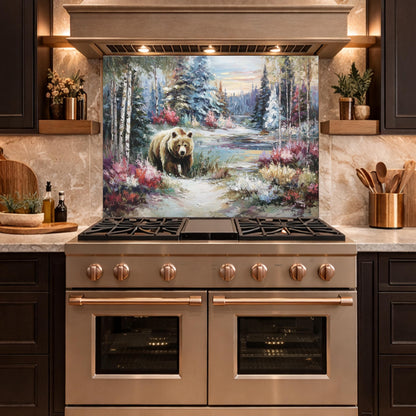 Tempered Glass Kitchen Backsplash, Forest Bear Wildlife Stove Guard, Rustic Wall Art Decor