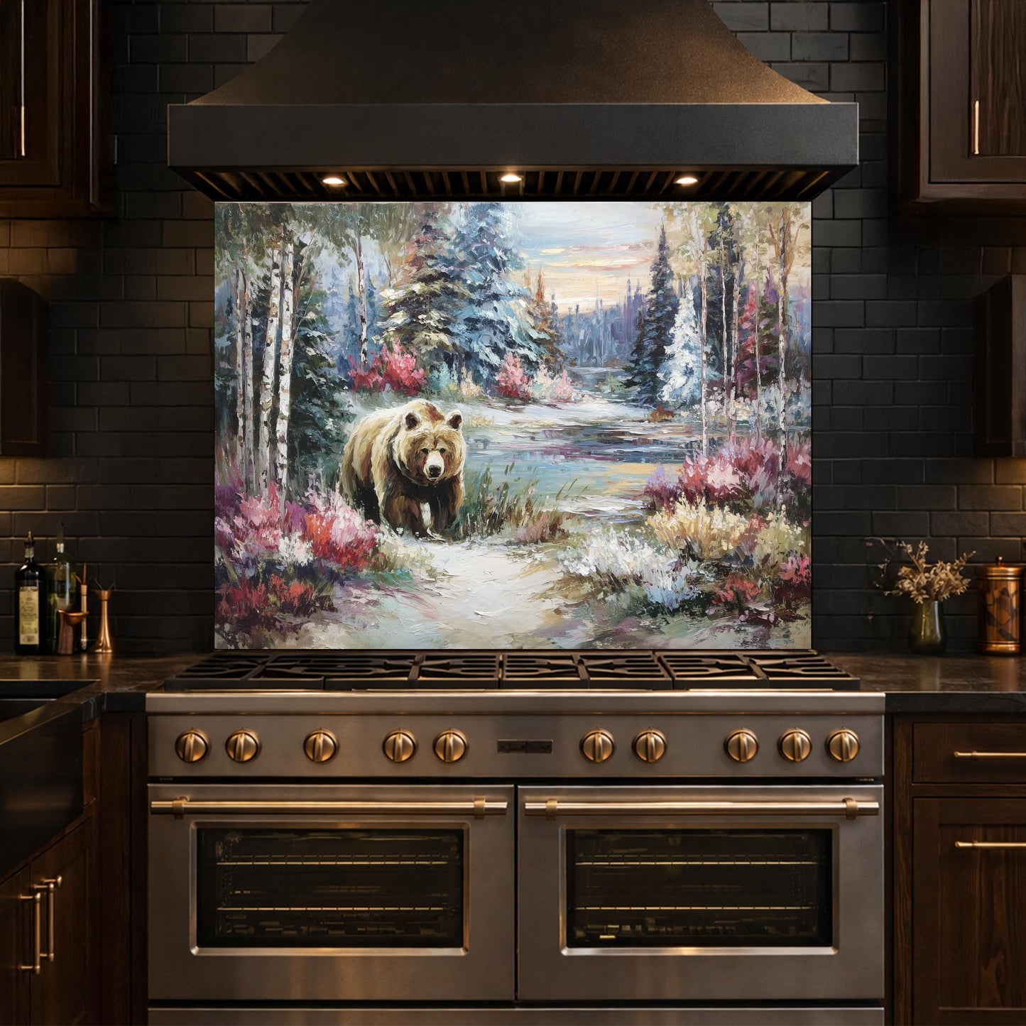 Tempered Glass Kitchen Backsplash, Forest Bear Wildlife Stove Guard, Rustic Wall Art Decor