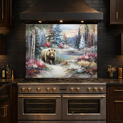 Tempered Glass Kitchen Backsplash, Forest Bear Wildlife Stove Guard, Rustic Wall Art Decor