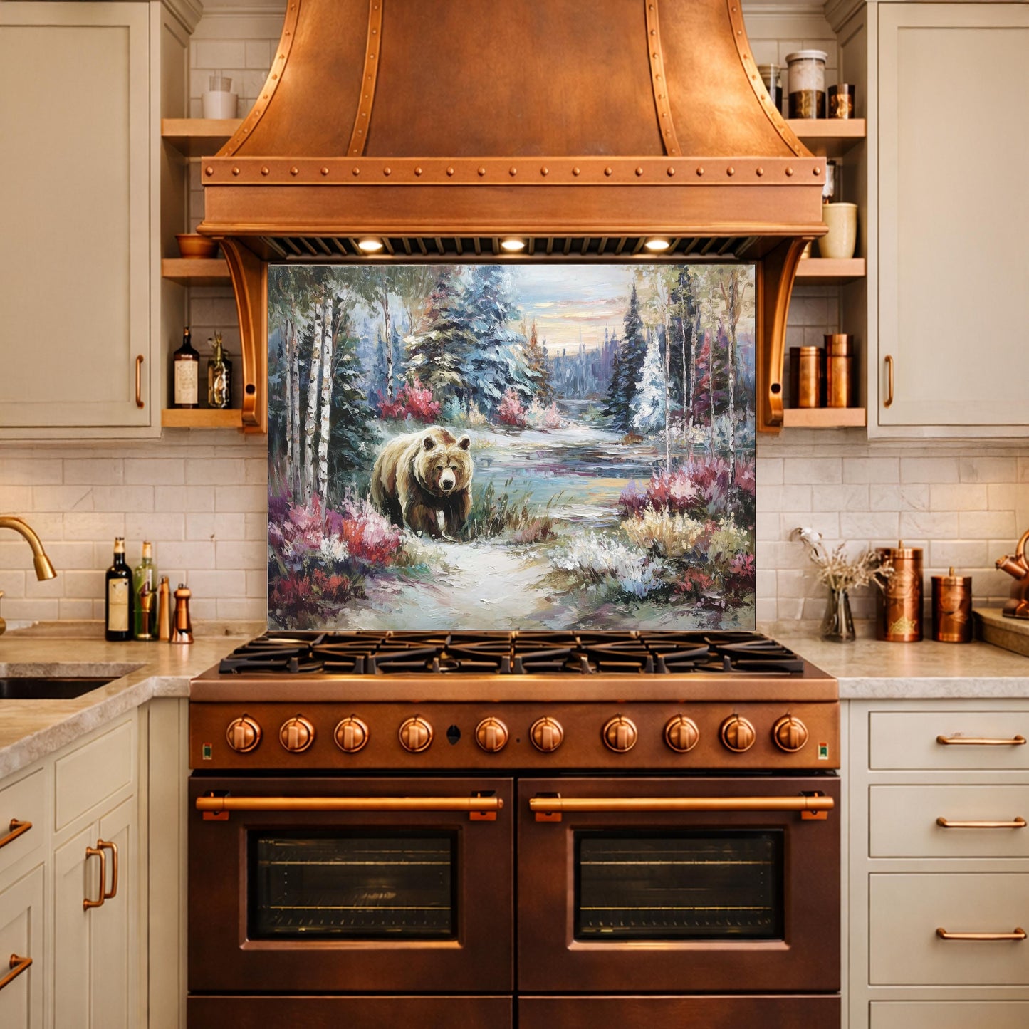 Tempered Glass Kitchen Backsplash, Forest Bear Wildlife Stove Guard, Rustic Wall Art Decor