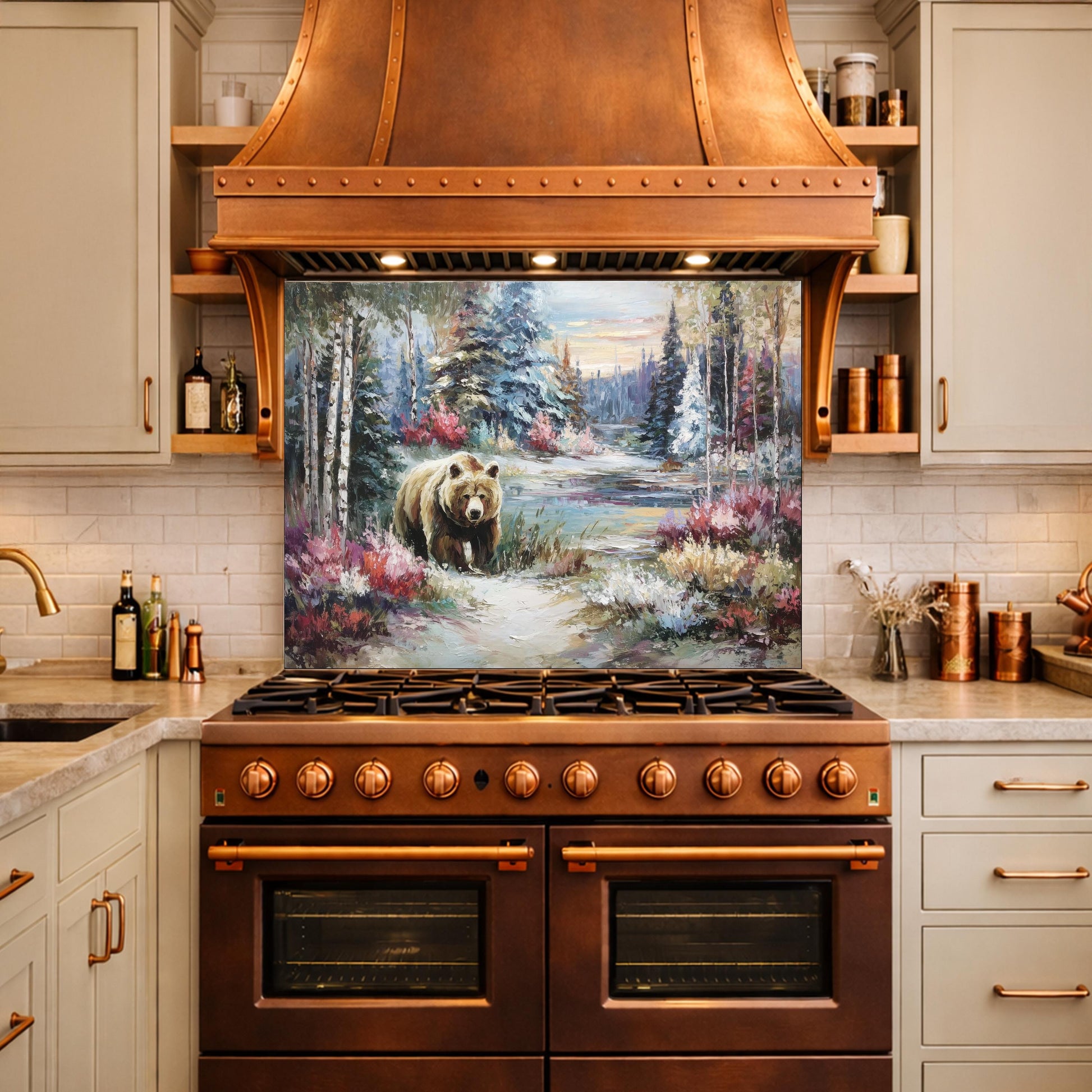 Tempered Glass Kitchen Backsplash, Forest Bear Wildlife Stove Guard, Rustic Wall Art Decor