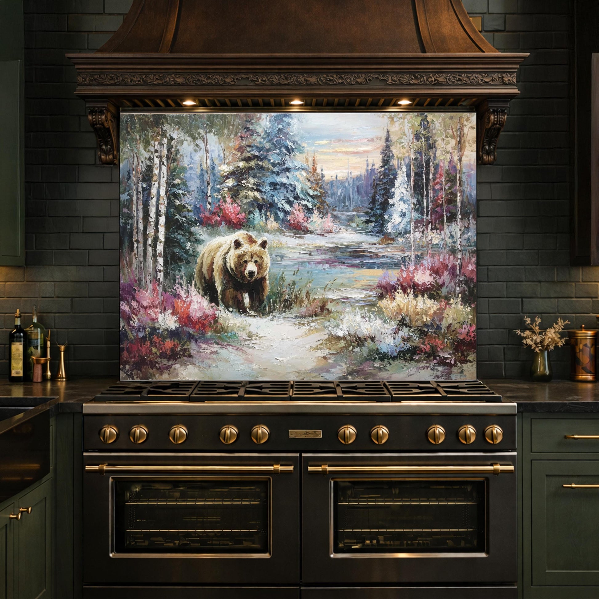 Tempered Glass Kitchen Backsplash, Forest Bear Wildlife Stove Guard, Rustic Wall Art Decor
