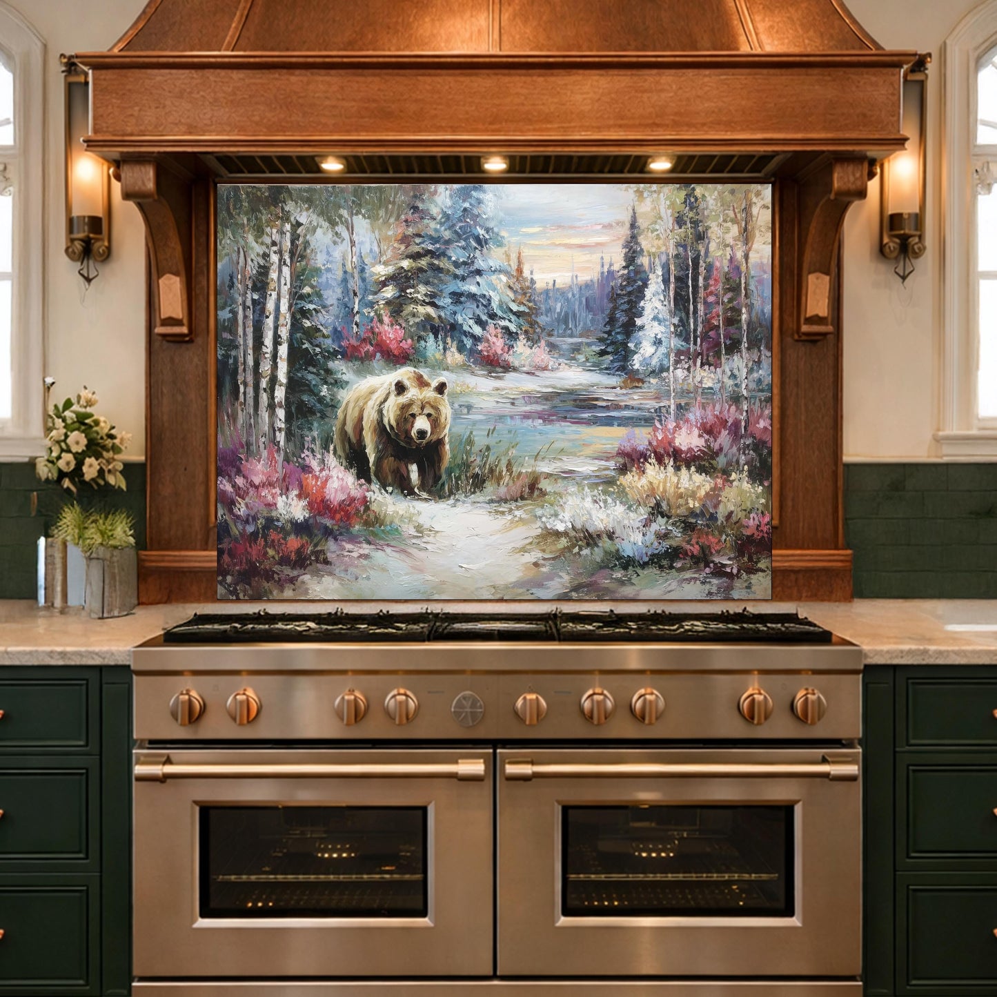 Tempered Glass Kitchen Backsplash, Forest Bear Wildlife Stove Guard, Rustic Wall Art Decor
