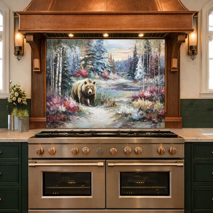 Tempered Glass Kitchen Backsplash, Forest Bear Wildlife Stove Guard, Rustic Wall Art Decor