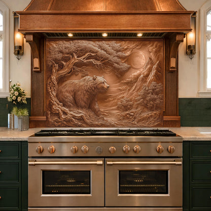 Copper Bear Mountain Tempered Glass Kitchen Backsplash Panel, Rustic Stove Guard Wall Art